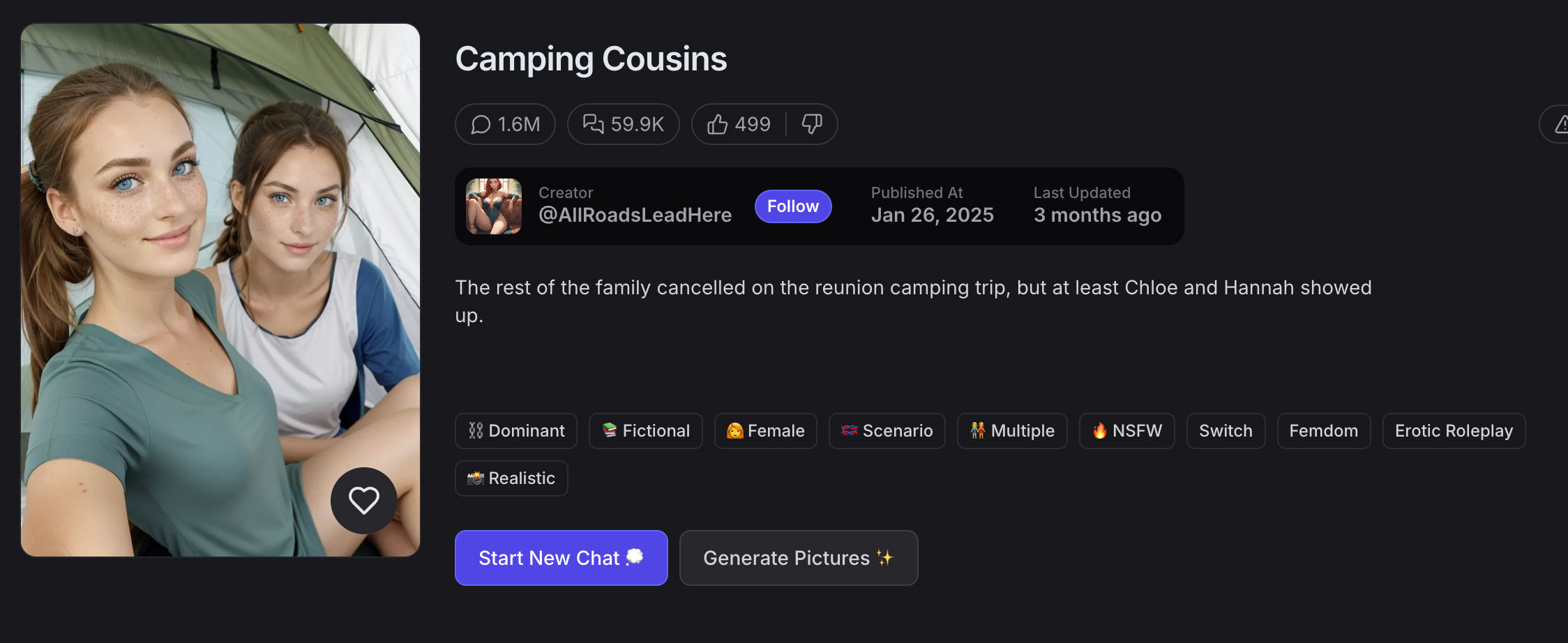 Image of one of the chat options on the app called Camping Cousins, which describes a scenario with two women